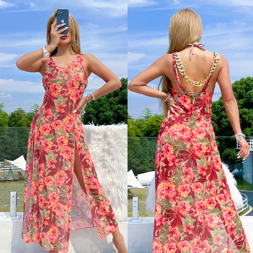 Dame sommer-maxikjole med elegant blomsterprint og transparente indsatser Stilla