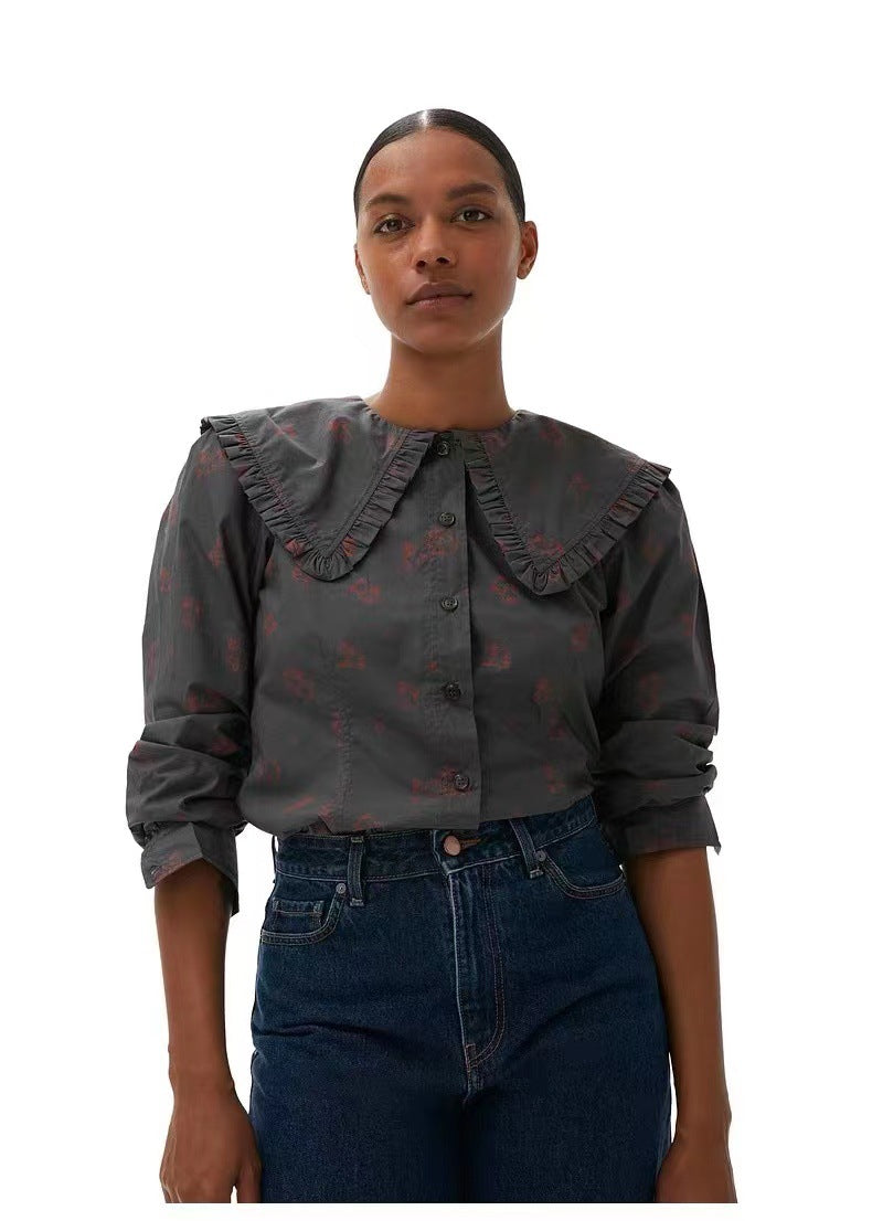 Dame ruffles bluse med dyremotiv og stilfuld krave Stilla
