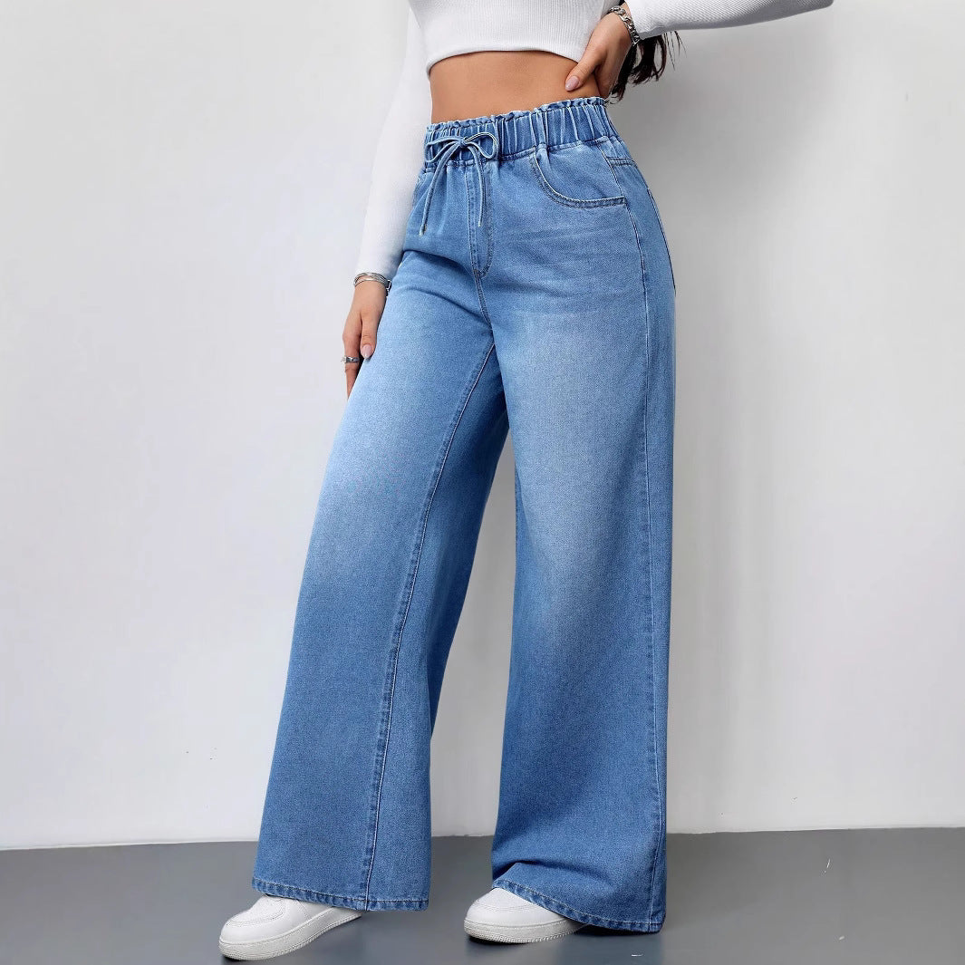 Dame bred jeans med elastisk linning og sideskuffer Stilla