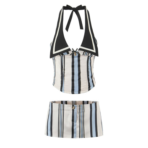 Dame Halsbinde-top med trendy krave og stribet design Stilla