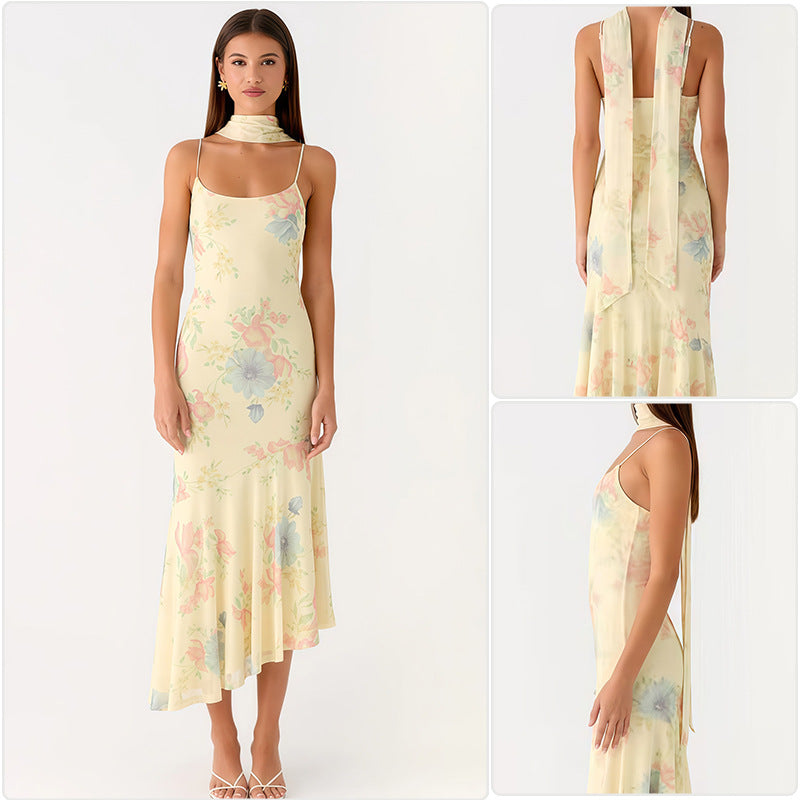 Ladies Elegant Maxi Dress with Floral Chiffon Design and Halter Neck Cut