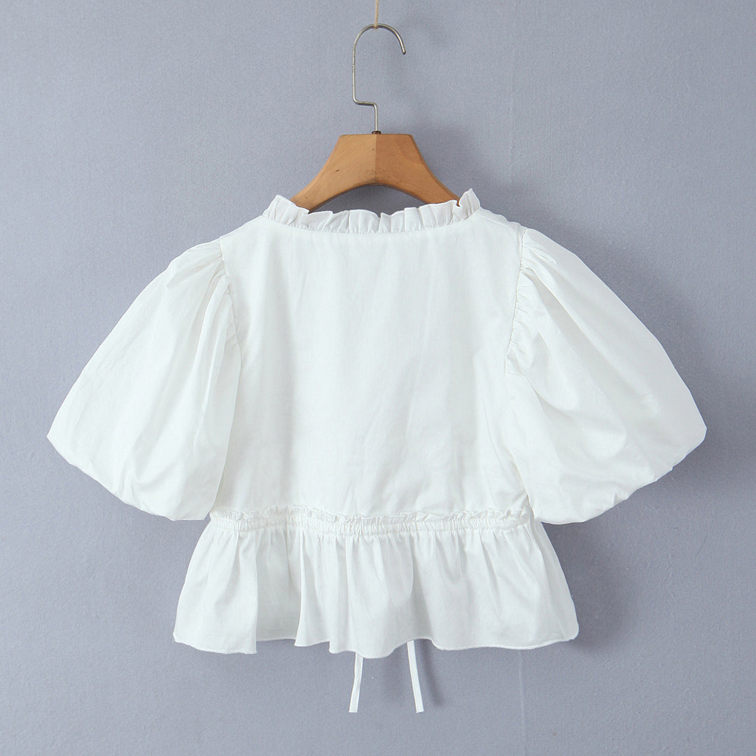 Dame Vintage Puffærmet Bluse med romantiske Ruffle-detaljer og Gummizug Stilla