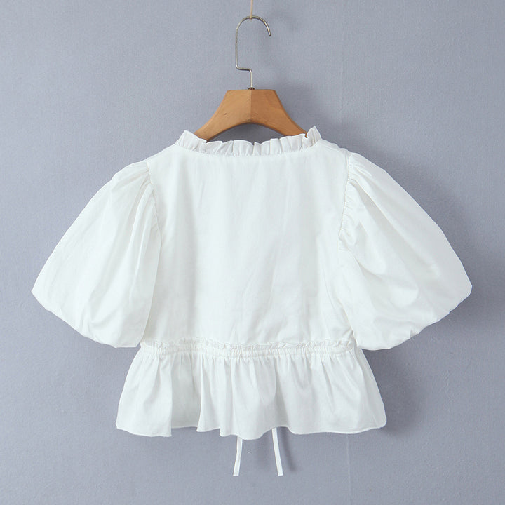 Dame Vintage Puffærmet Bluse med romantiske Ruffle-detaljer og Gummizug Stilla