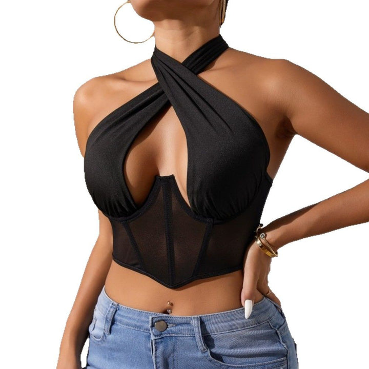 Dame Crop-Top med raffineret indpakningsdesign og gennemsigtig corsage Stilla