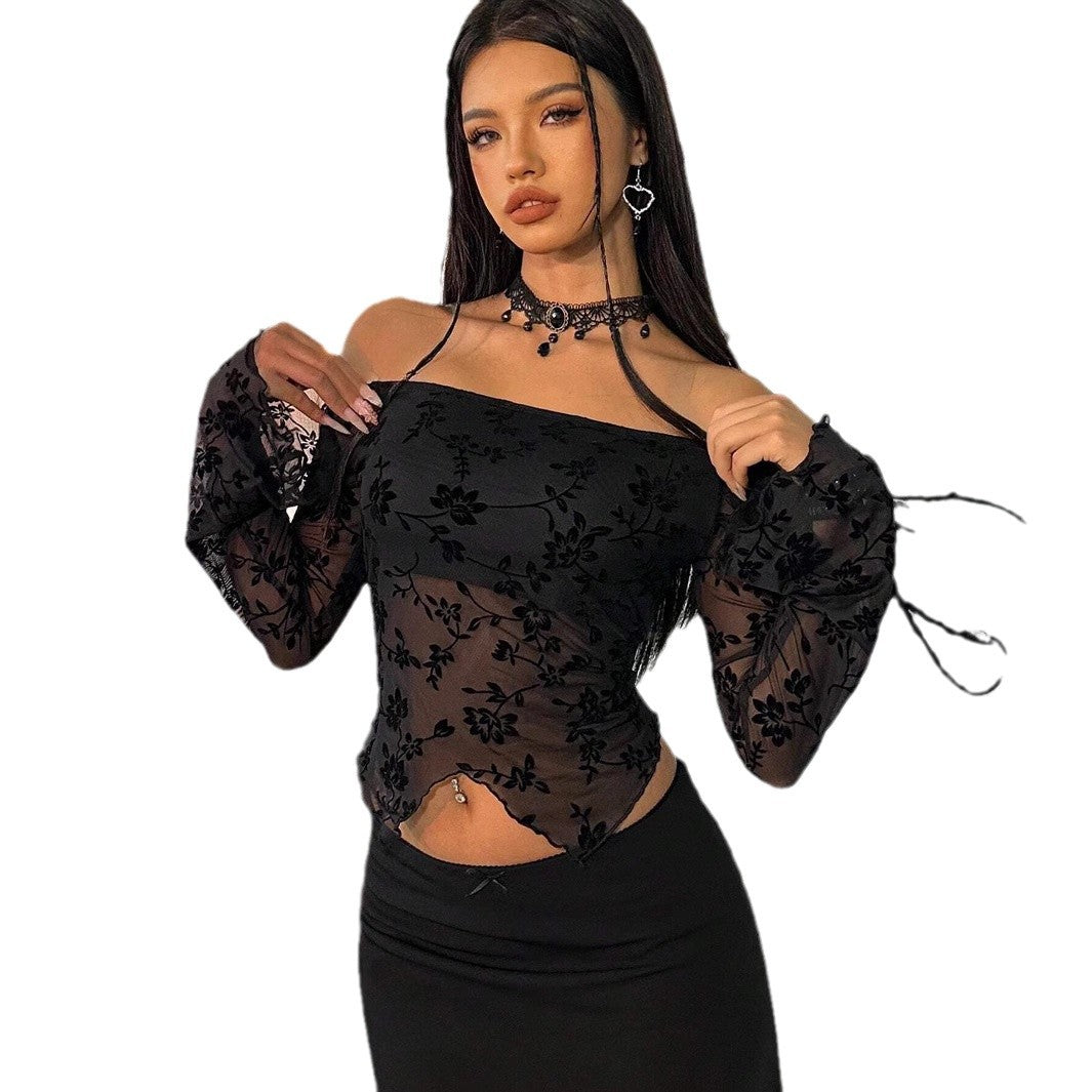 Dame nan transparent mesh-top med floral velour-applikation, Carmen-udskæring og kort talje-nederdel Skovae