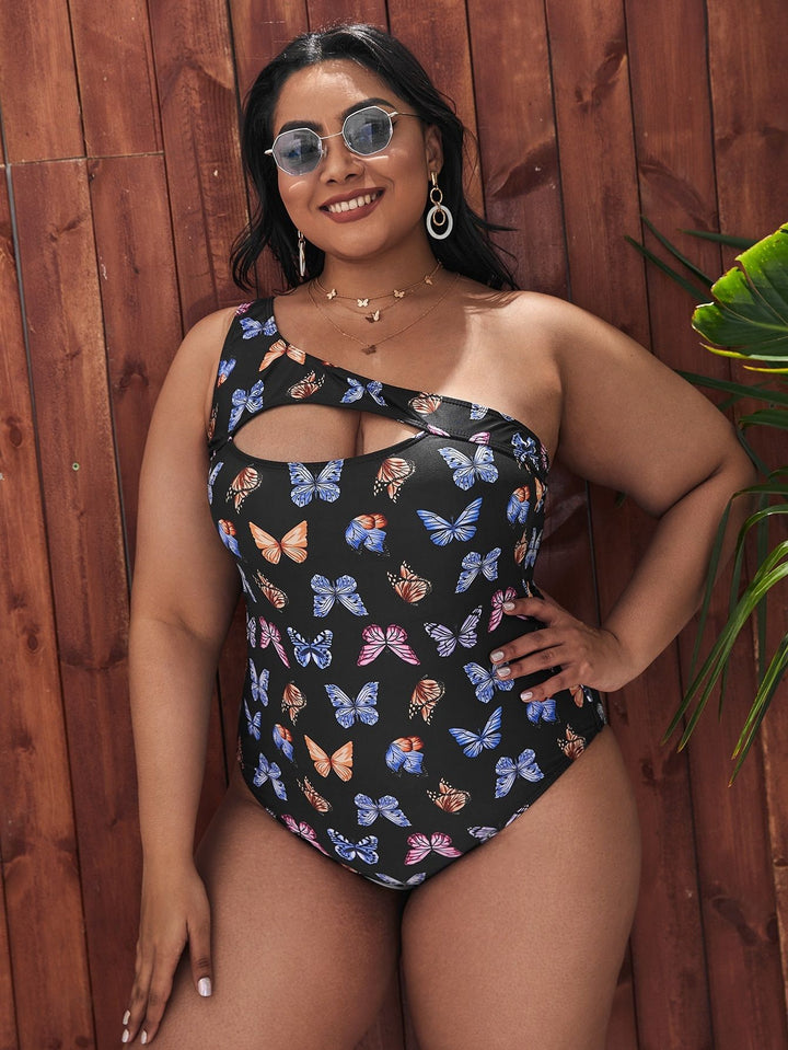 Dame One-Sided Cut-Out Badedragt med florale Sommerfuglmønstre Skovae