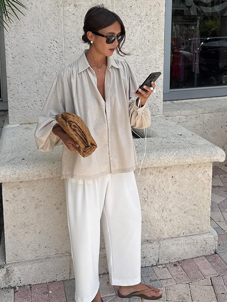 Dame Let Oversized Bluse med voluminøse Ærmer Stilla