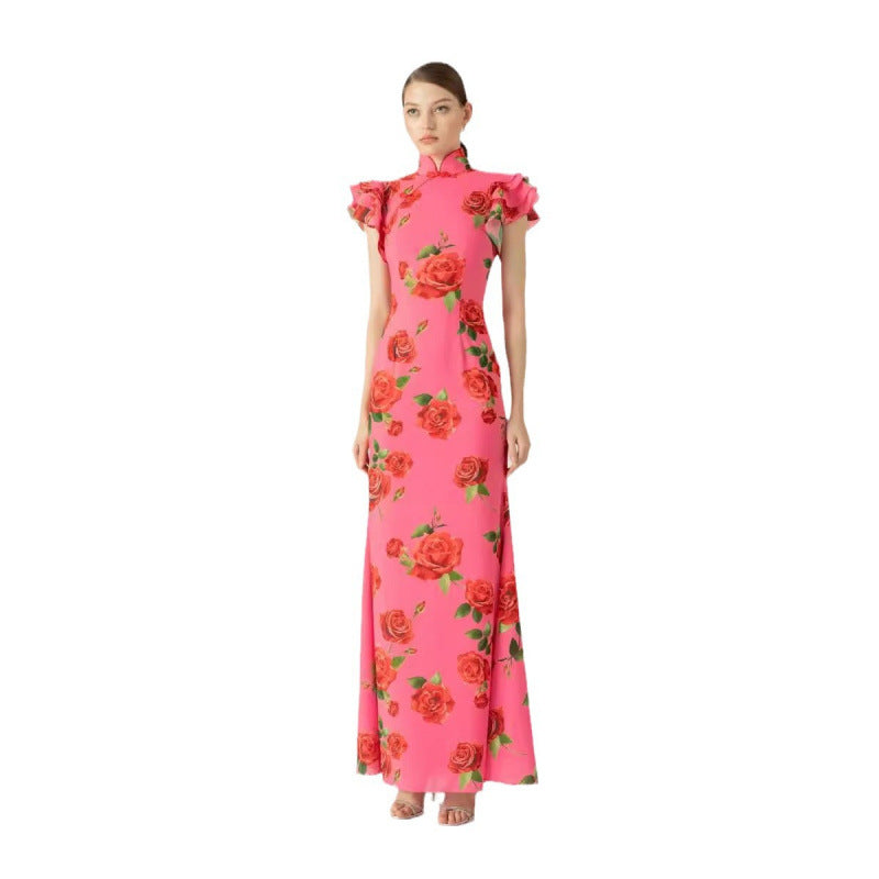 Dame elegant Maxikjole med blomsterdetaljer og volanger Stilla