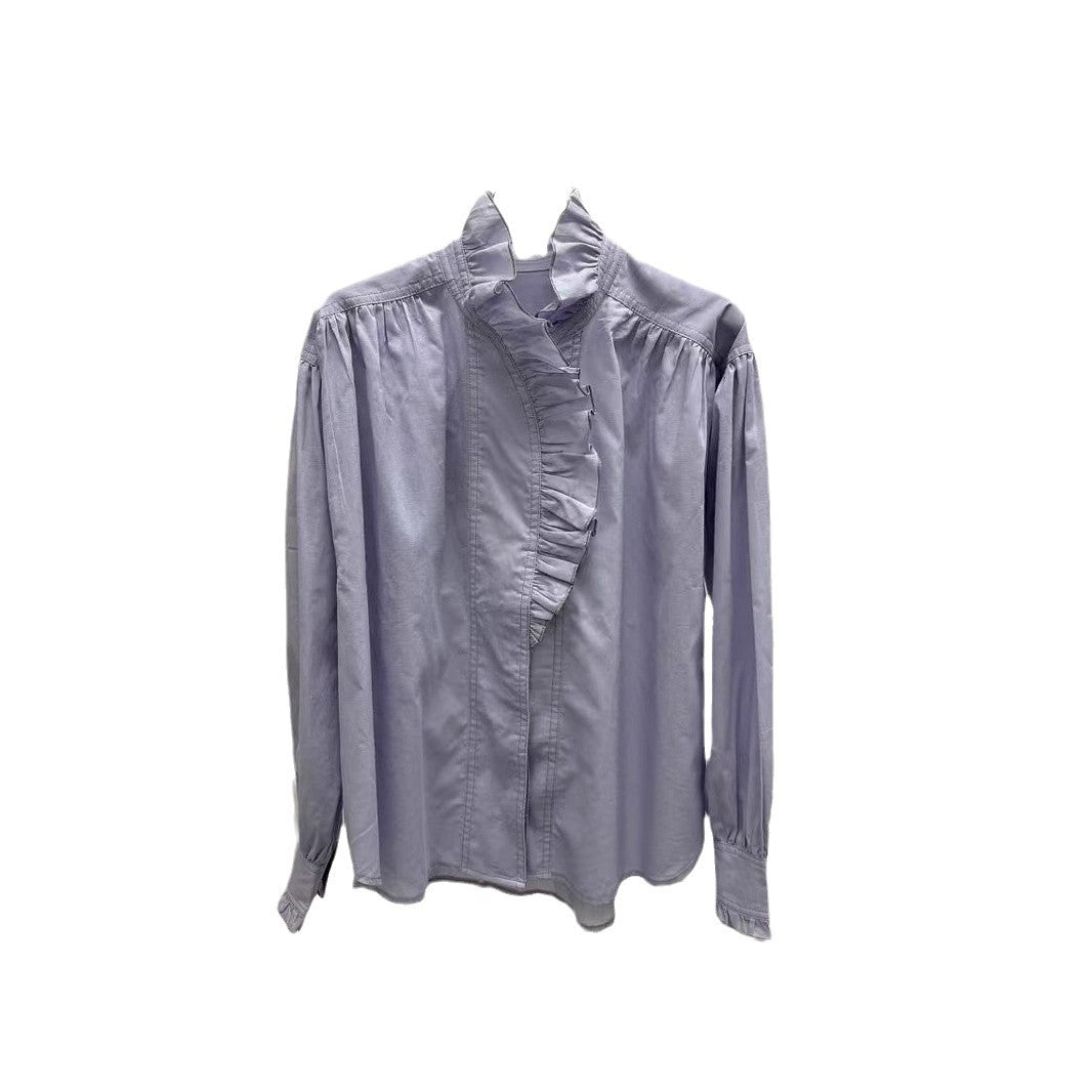 Dame Langærmet bluse med voluminøse ruffles detaljer og elegant krave Stilla