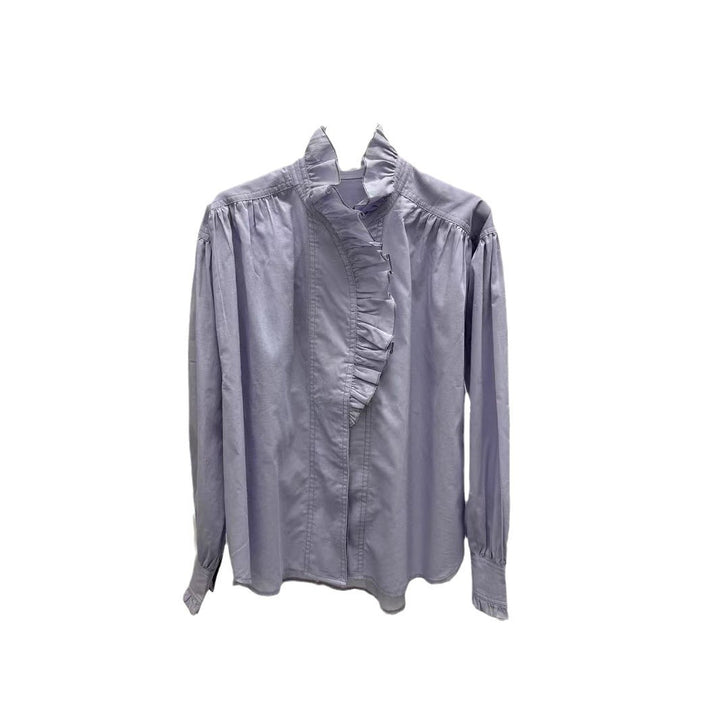 Dame Langærmet bluse med voluminøse ruffles detaljer og elegant krave Stilla