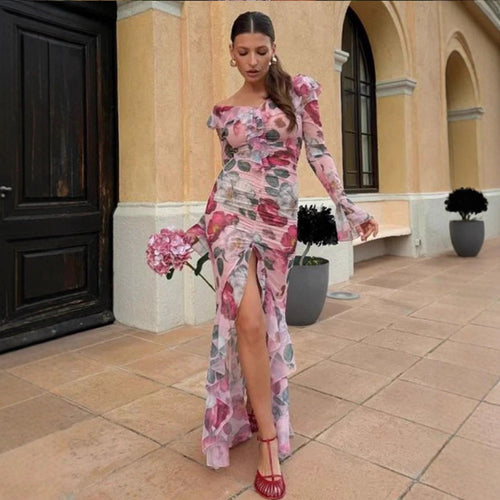 Damer elegant maxikjole med blomster rynkedetaljer og raffineret slids Stilla