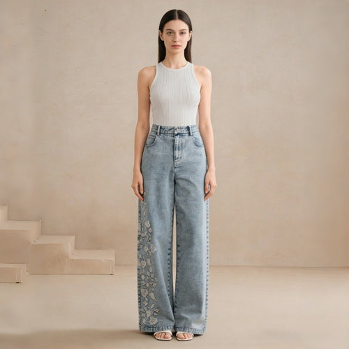 Dame Loose-Fit Jeans med blomsterbroderi Skovae
