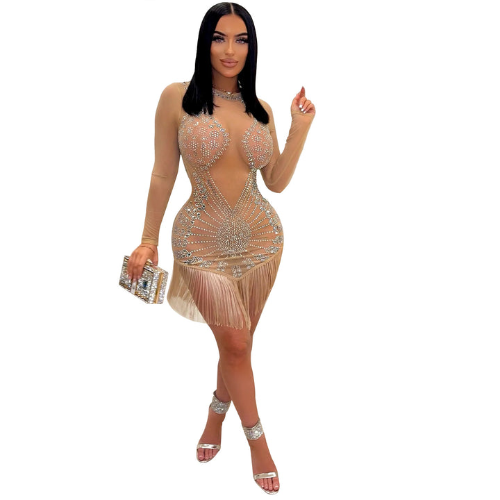 Dame Strass-besat Transparent Mini Kjole Stilla