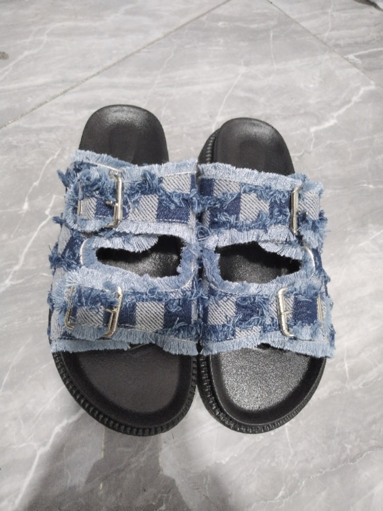 Dame mode sandaler med remme og frynset denim Stilla