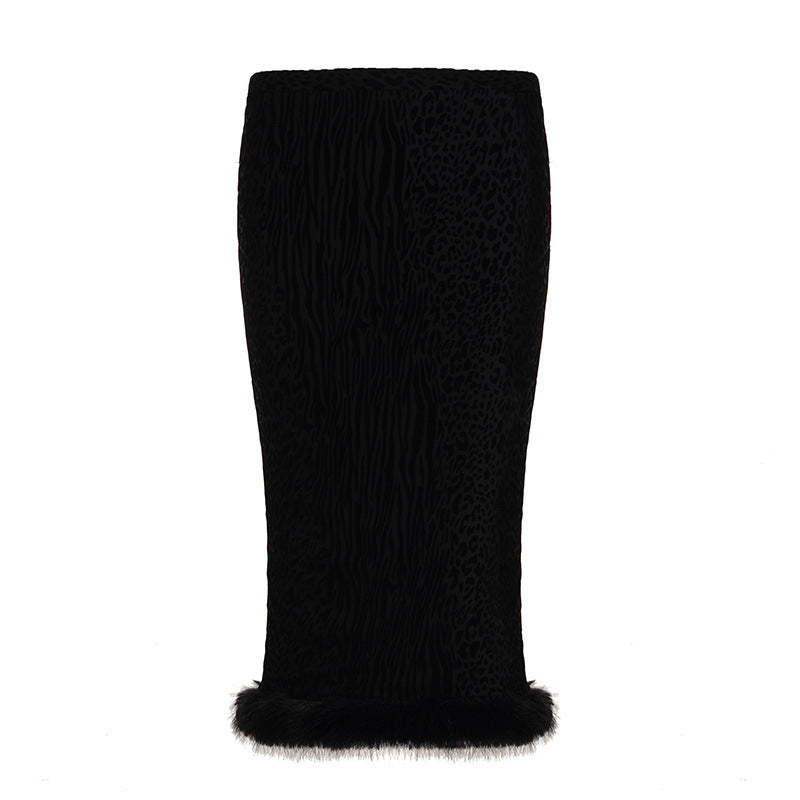 Damen eleganter Rock mit Tiermuster und luxuriösem Fellsaum Skovae