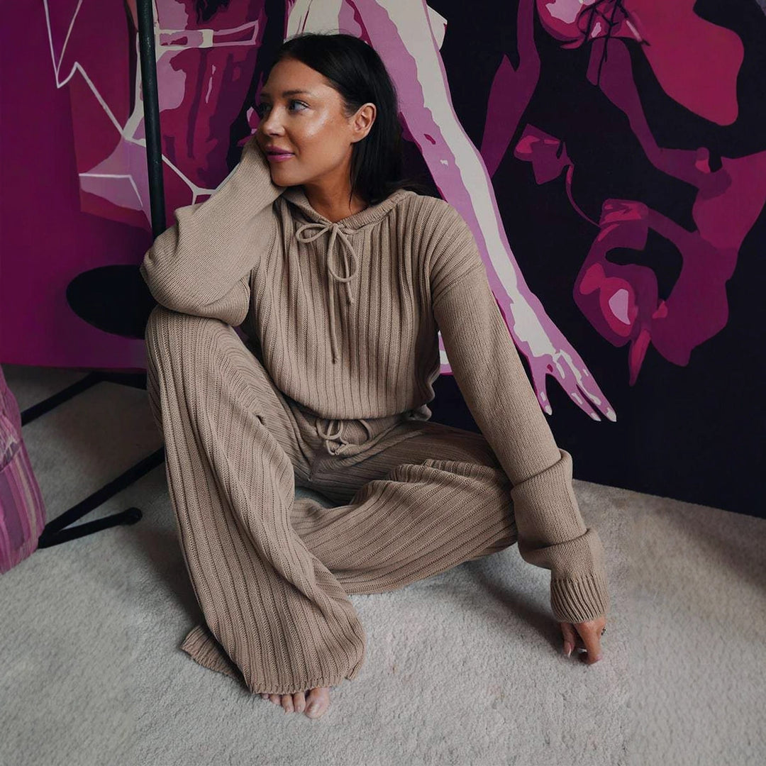 Damer Strik Loungewear Sæt med Hætte og Løs Pasform Skovae