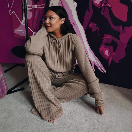 Damer Strik Loungewear Sæt med Hætte og Løs Pasform Skovae