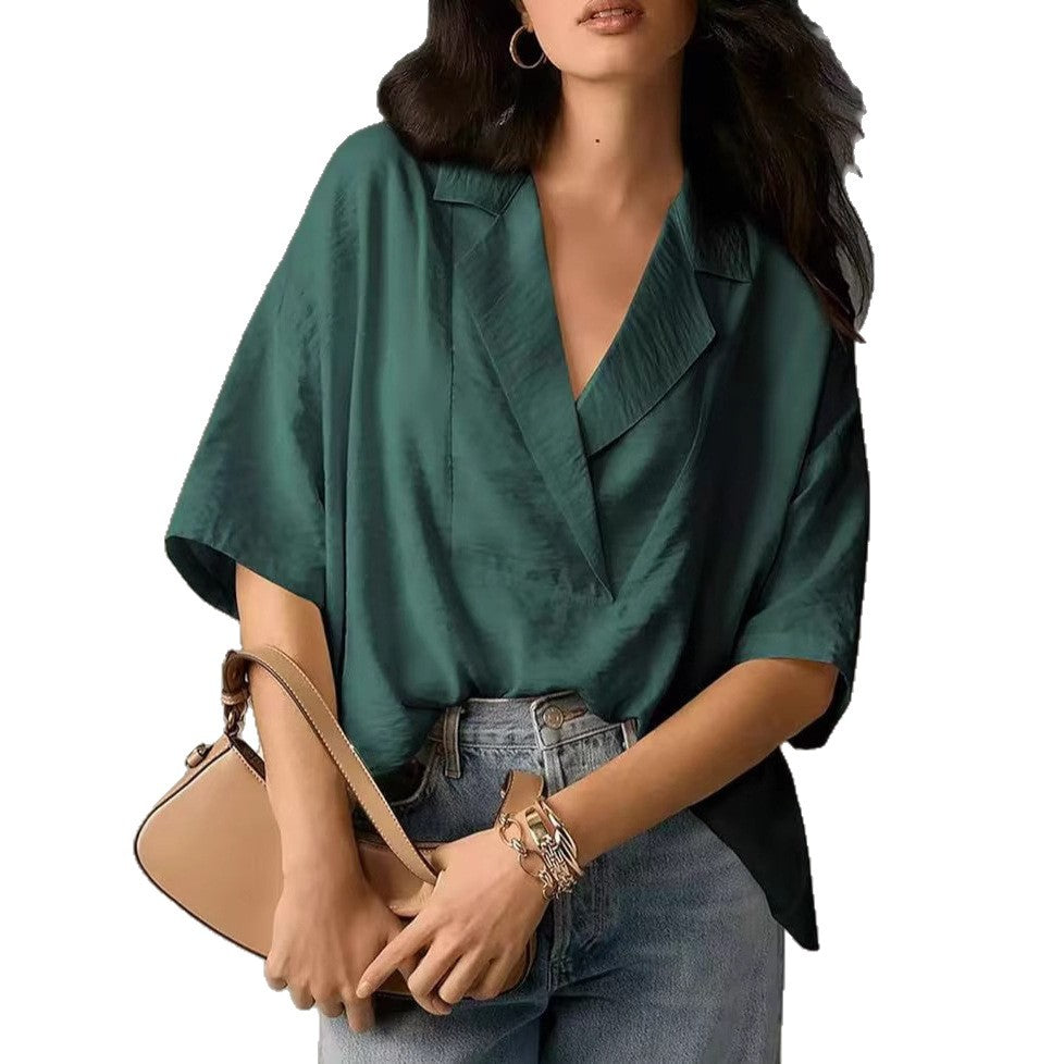 Dame løs oversized bluseoverdel med elegant krave og V-hals Skovae