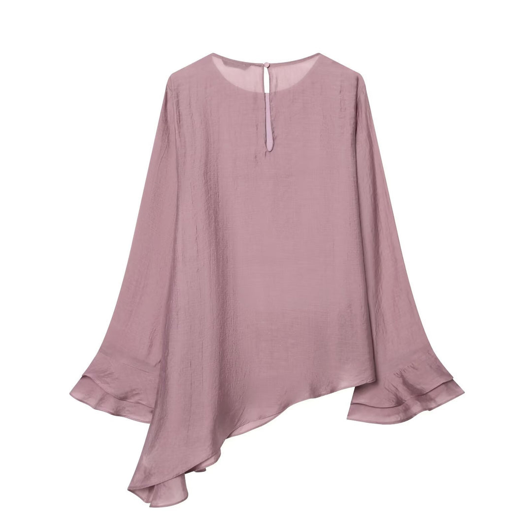 Dame asymmetrisk bluse med flæsedetaljer og elegant fald Skovae