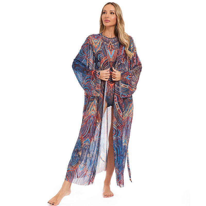Dame elegant gennemsigtig strandkimono med blomsterdesign Skovae