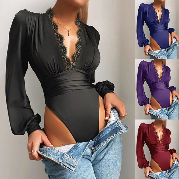 Dame bodystocking med spids krave og lange ærmer Stilla