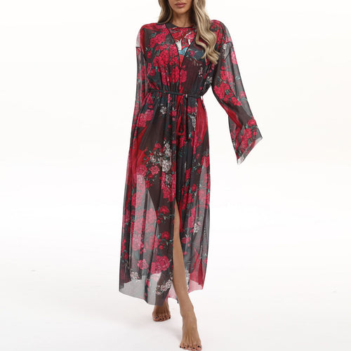 Dame Transparent Strandkimono med blomsterdesign Skovae