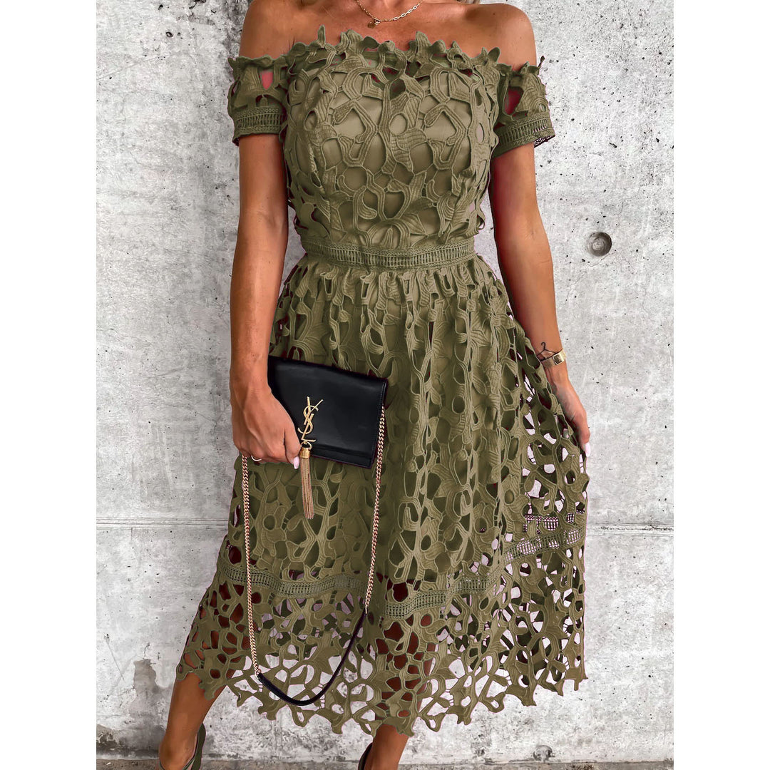Dame Off-Shoulder Kjole med florale Hækling-detaljer og elastisk Taljebånd Stiila