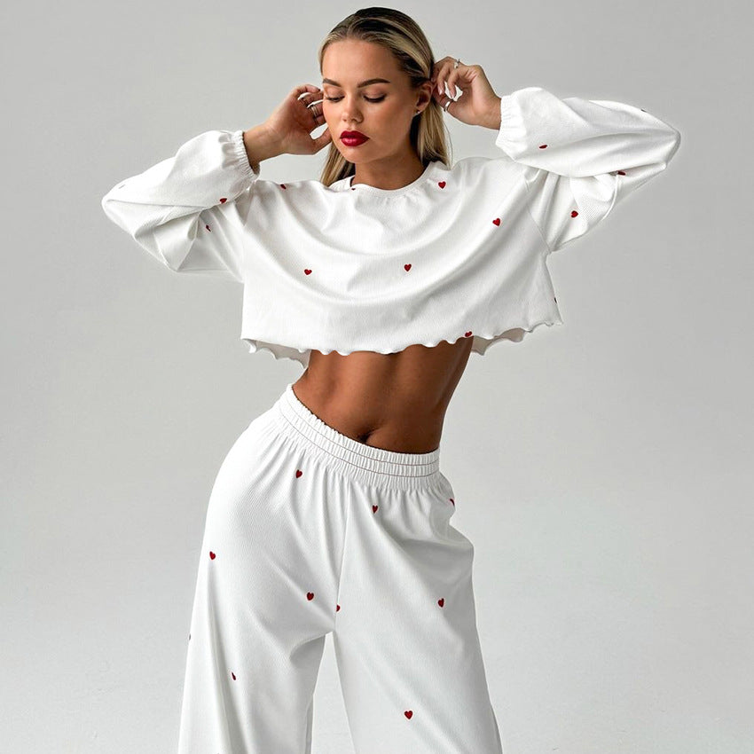 Dame afslappet Crop-Top og løstsiddende bukse sæt med hjerte-motiver Stilla