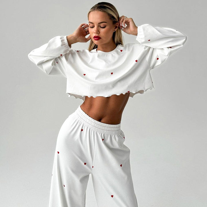 Dame afslappet Crop-Top og løstsiddende bukse sæt med hjerte-motiver Stilla