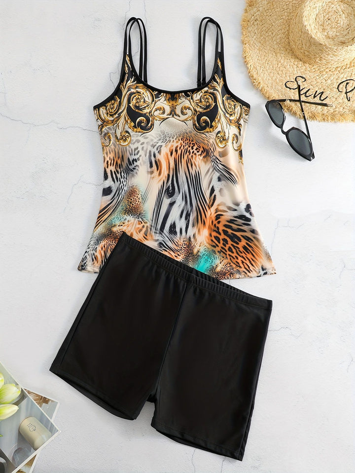 Dame Sportsligt Tankini-sæt med moderne Animal-Print og Boxershorts Skovae