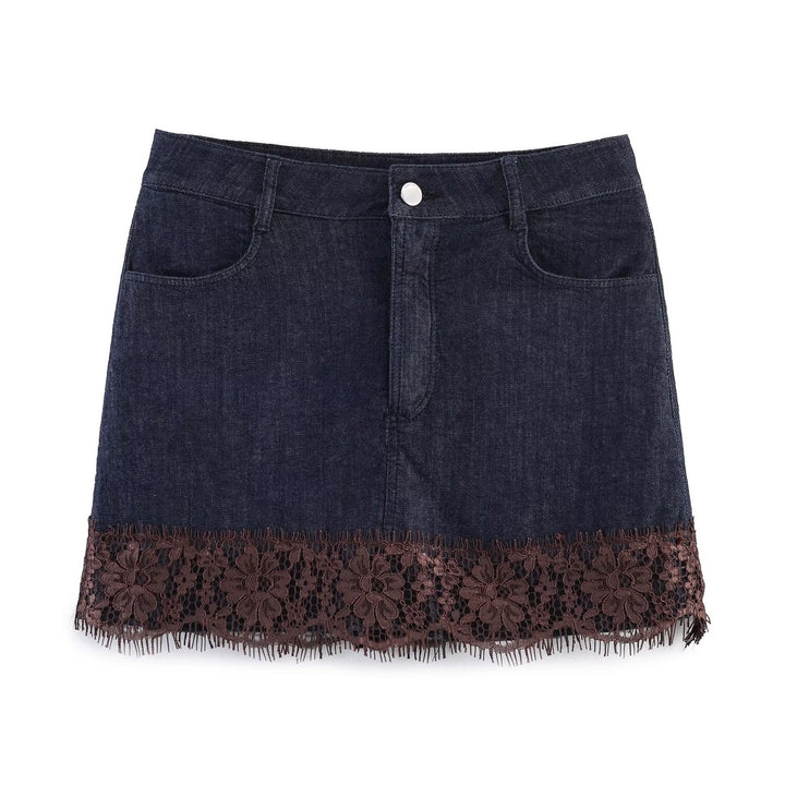 Dame jeansnederdel med eksklusiv spids og frynset kant Skovae