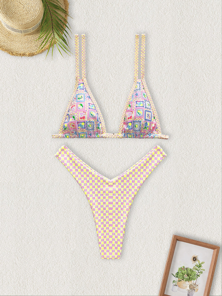 Dame Triangel-Bikini med farverigt patchwork-mønster Skovae