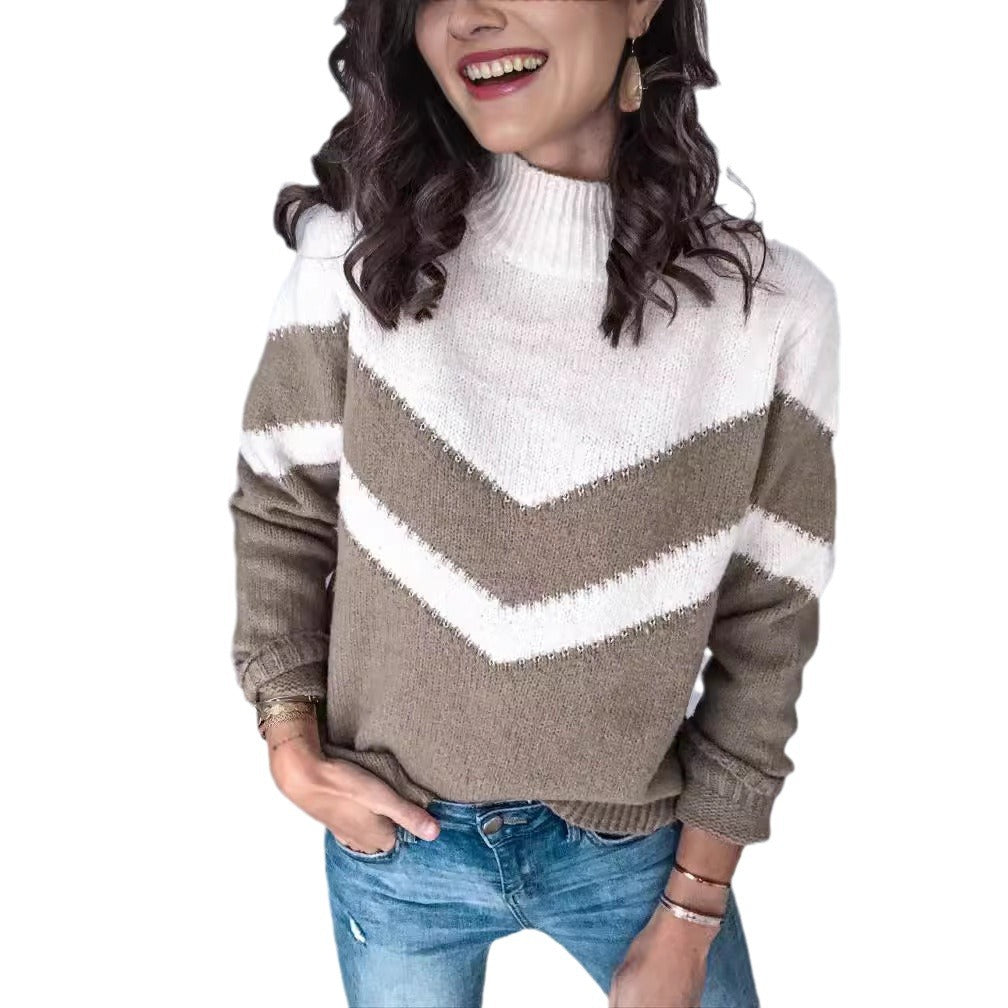 Kvinders strikket sweater med V-hals og kontrasterende zigzag-design Stilla