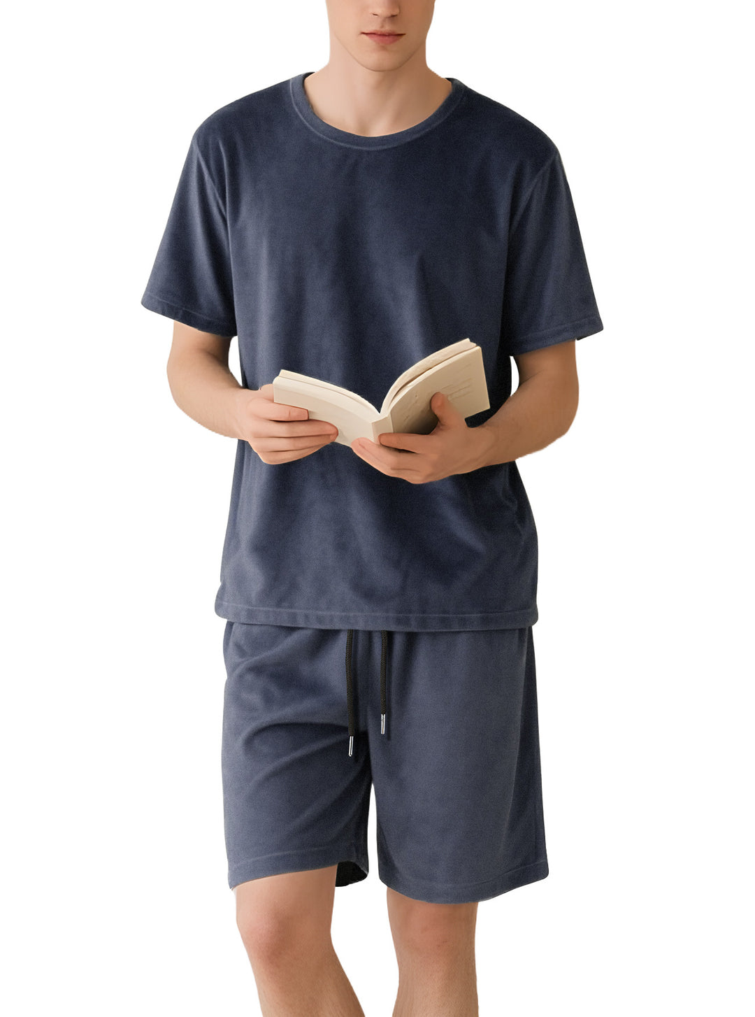 Herren nan Samtvelours Lounge-Sæt med Rundhals-Kortærmet T-shirt og Snorshorts Skovae