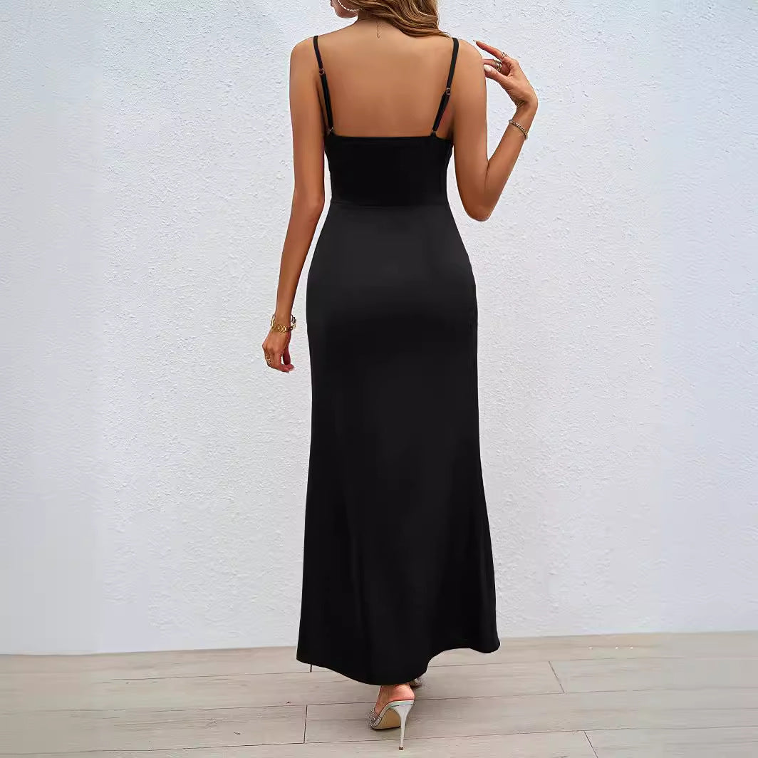 Kvinder Elegant Satin Maxi Kjole med Høj Slids og Spaghetti Remme Stilla