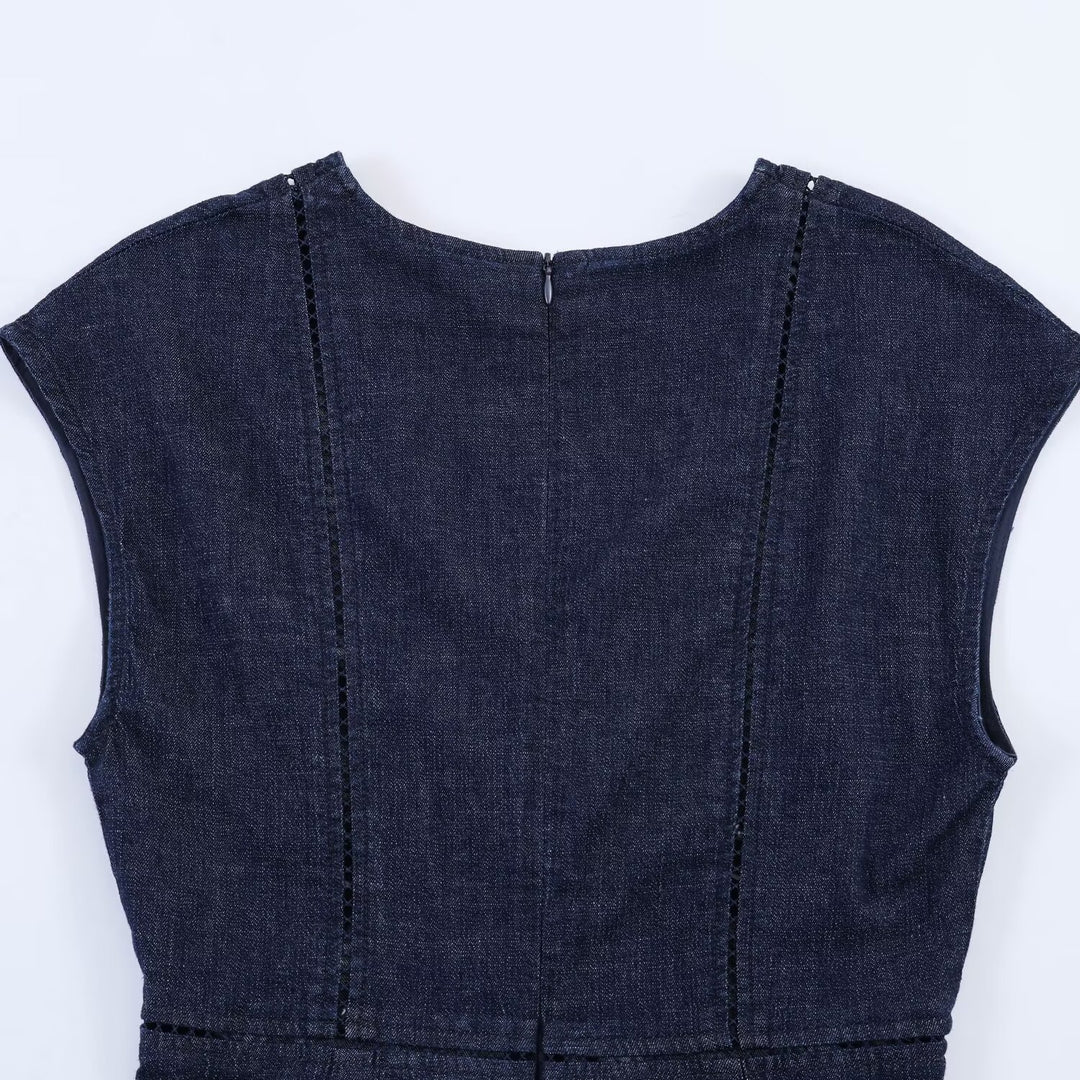 Dame Denim Maxikjole med elegant V-udskæring og figurformende silhuet Skovae