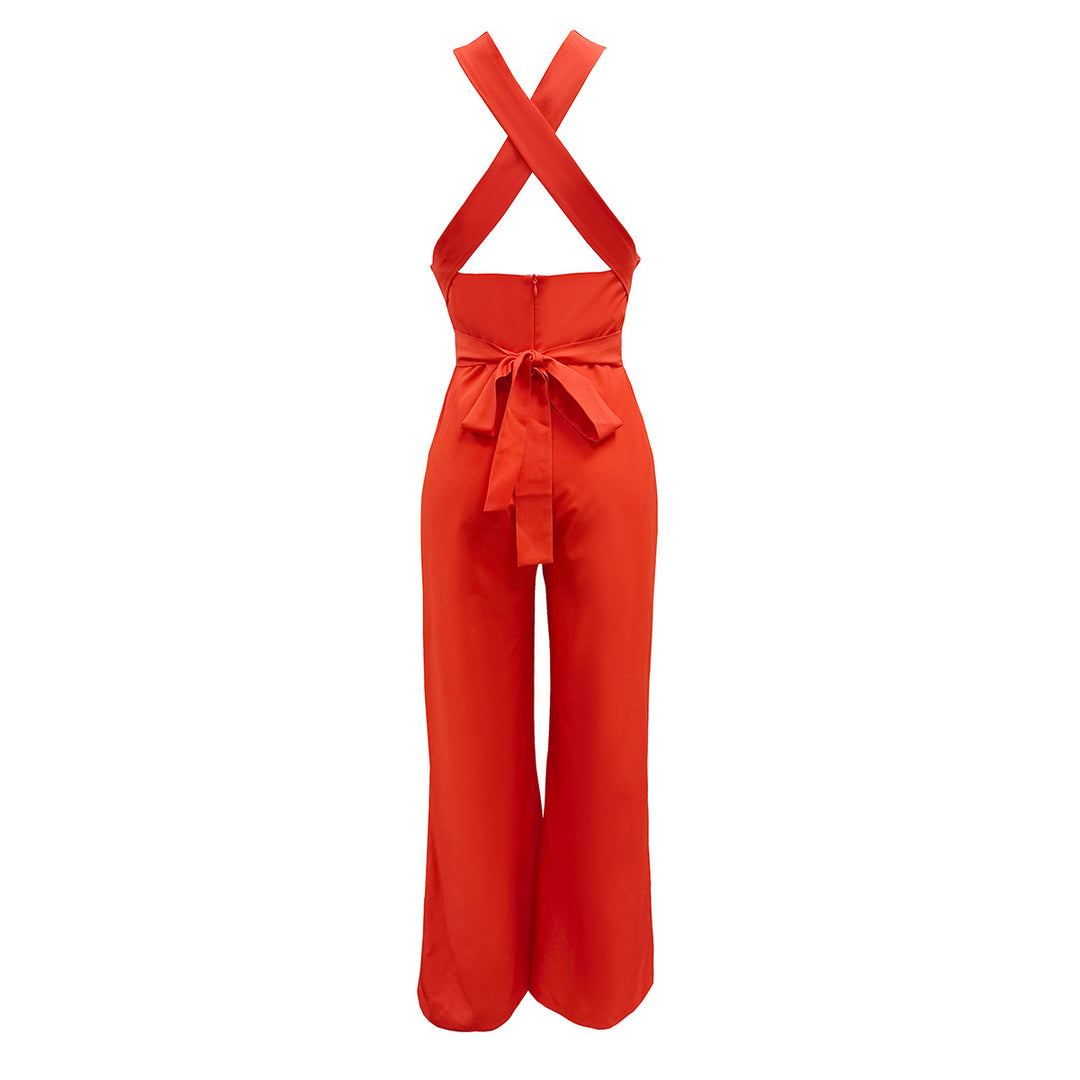 Dame jumpsuit med elegant V-udskæring og raffinerede knude detaljer Stilla