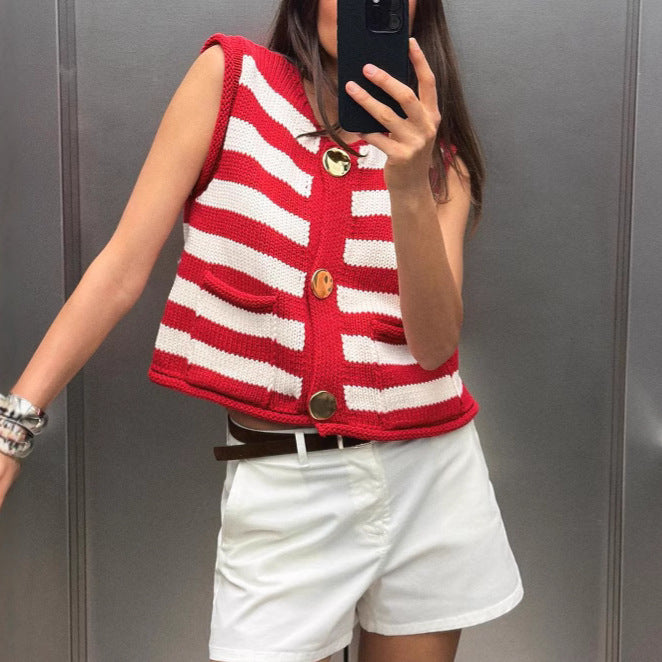 Femme Strikstribet Vest med Dekorative Knapper Stilla