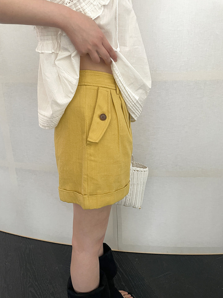 Dame let linned-shorts med omslået kant Stilla