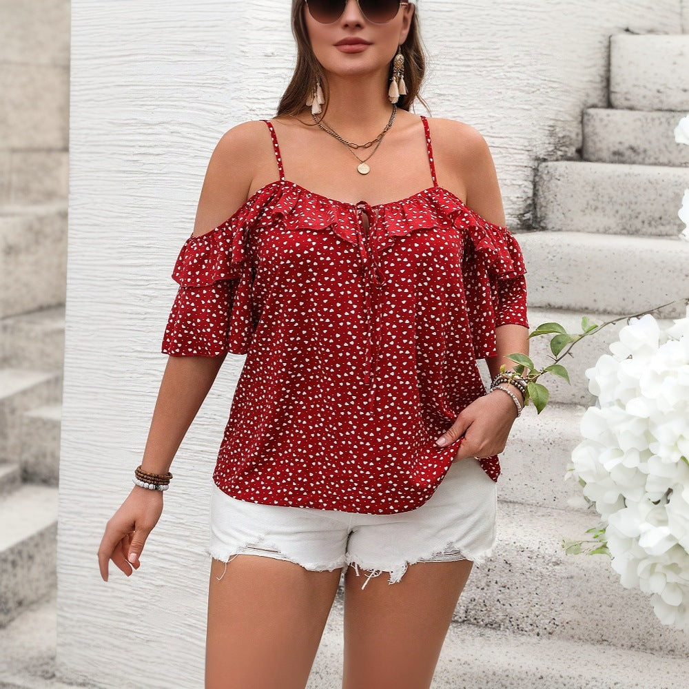 Dame Off-Shoulder Bluse med Rynker og Pletmønster Stilla