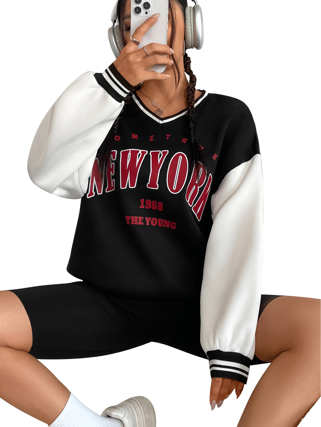 Kvinders casual sweatshirts med V-hals og sporty bogstaver Stilla