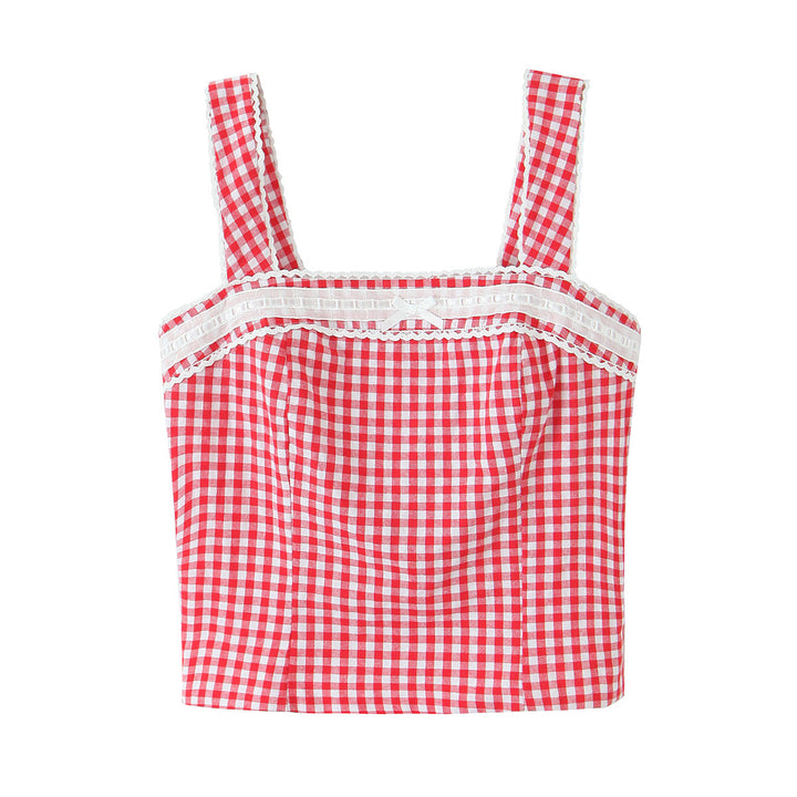 Dame Viskose-Bustier med elegant ruffle dekoration og fint ternet mønster Stilla