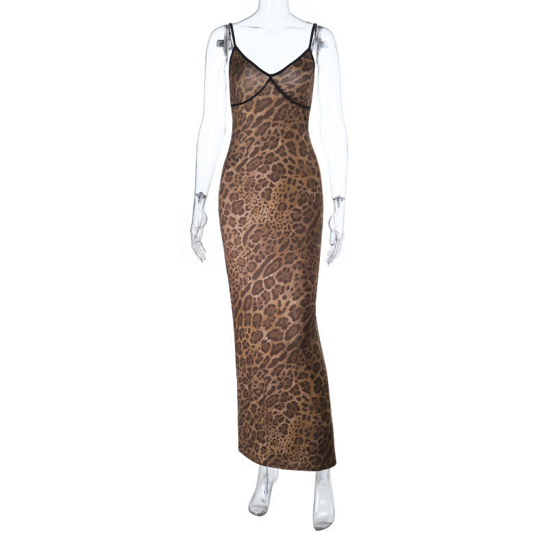 Damen Elegantes tierisches Maxikleid mit Spaghetti-Trägern und figurbetontem Schnitt Skovae
