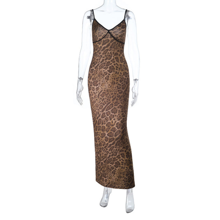 Damen Elegantes tierisches Maxikleid mit Spaghetti-Trägern und figurbetontem Schnitt Skovae