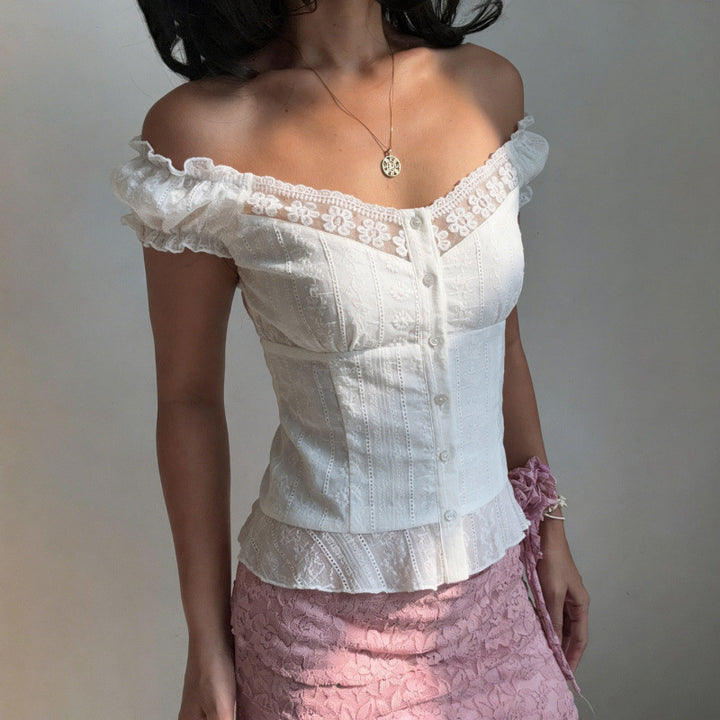 Damer Elegant bluse top med legende puff ærmer og knaplukning Skovae