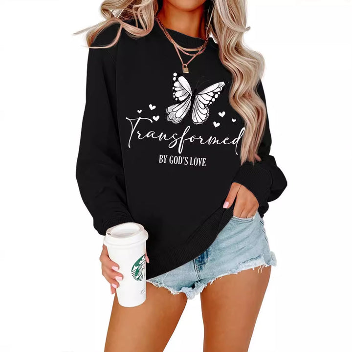 Kvindernes sweatshirt med kunstnerisk sommerfuglemotiv og inspirerende slogan Stilla