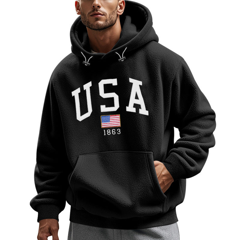 Herrer fleece-hoodie med USA-motiv og praktisk kængurulomme Stilla