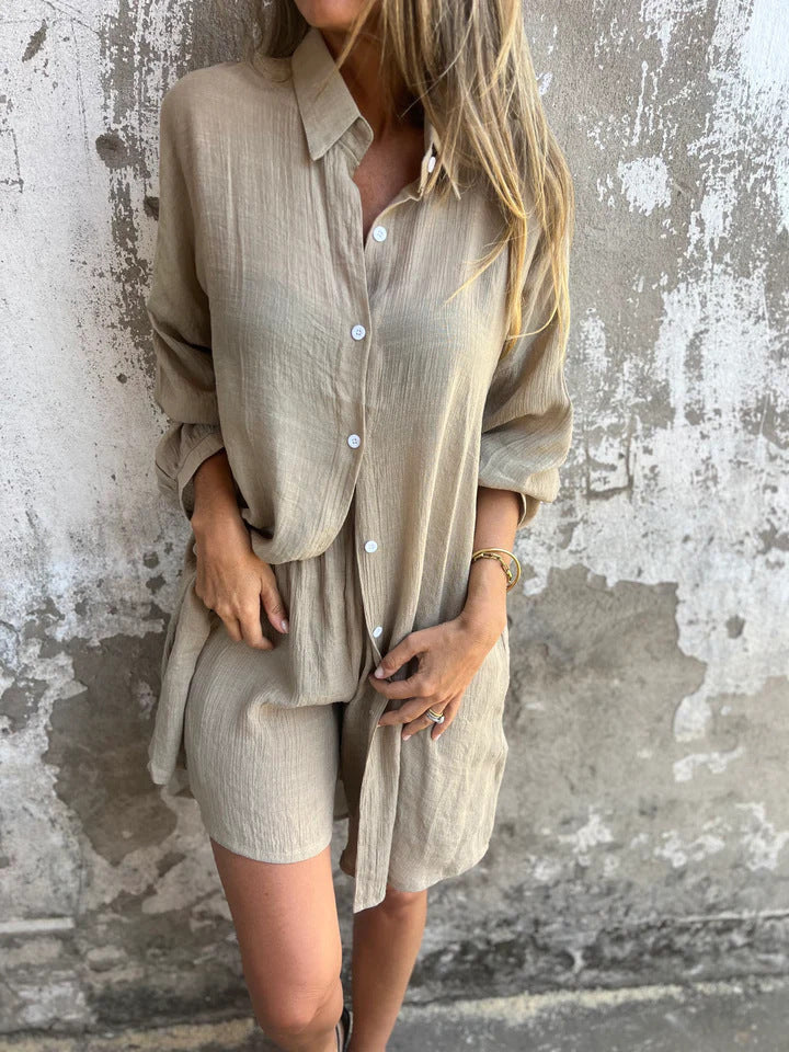 Dame Løs Bluse-Shorts-Sæt med Oversized Snit og Luftig Struktur Skovae