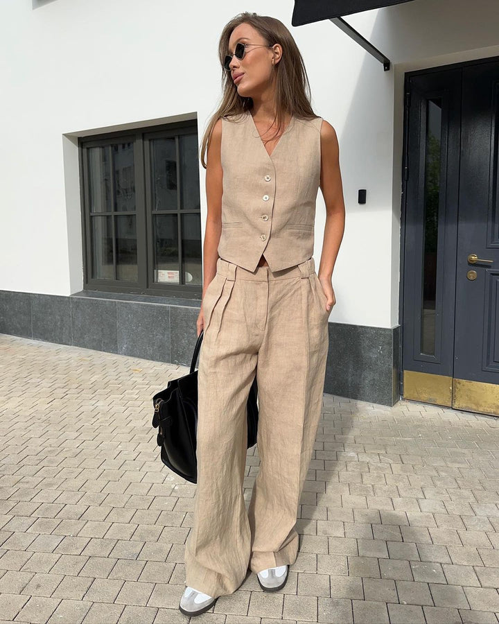 Dame elegant linned blazer og løstsiddende bukser sæt Stilla