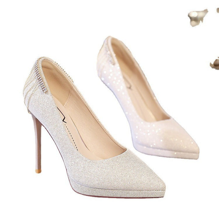 Dame nan elegante aftenpumps med fint glimmermesh, spids tåparti, filigran stilettohæl og dekorativ hæl-applikation Skovae